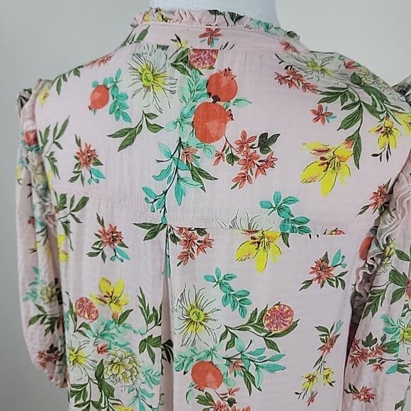 Democracy Top Womens M Pink Floral Button Up Balloon Sleeve Ruffled Tropical - Picture 7 of 14